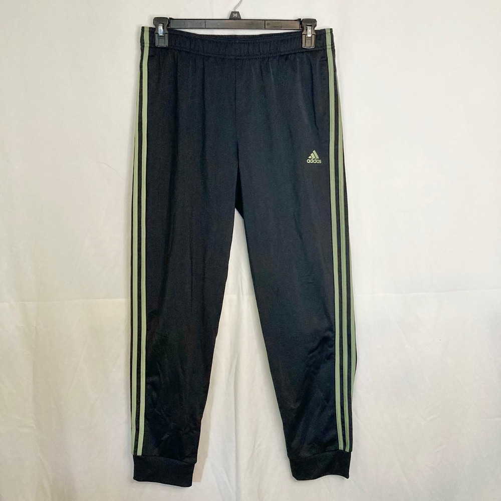 Adidas Mens L Black Track Pants Sage Green 3-Stripe Joggers Activewear Gym